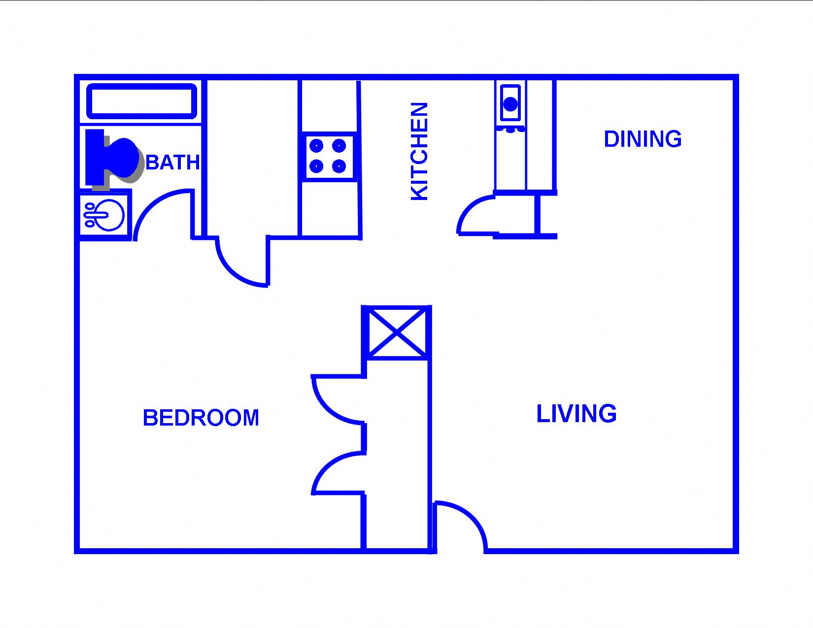 Floor plan for 1 bed, 1 bath, 663 sqft